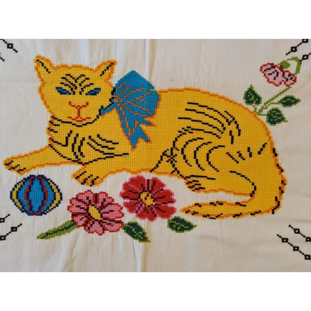Vintage Mid-Century Needlepoint Cat & Flowers Pillowcases Handmade Pair Folk Art